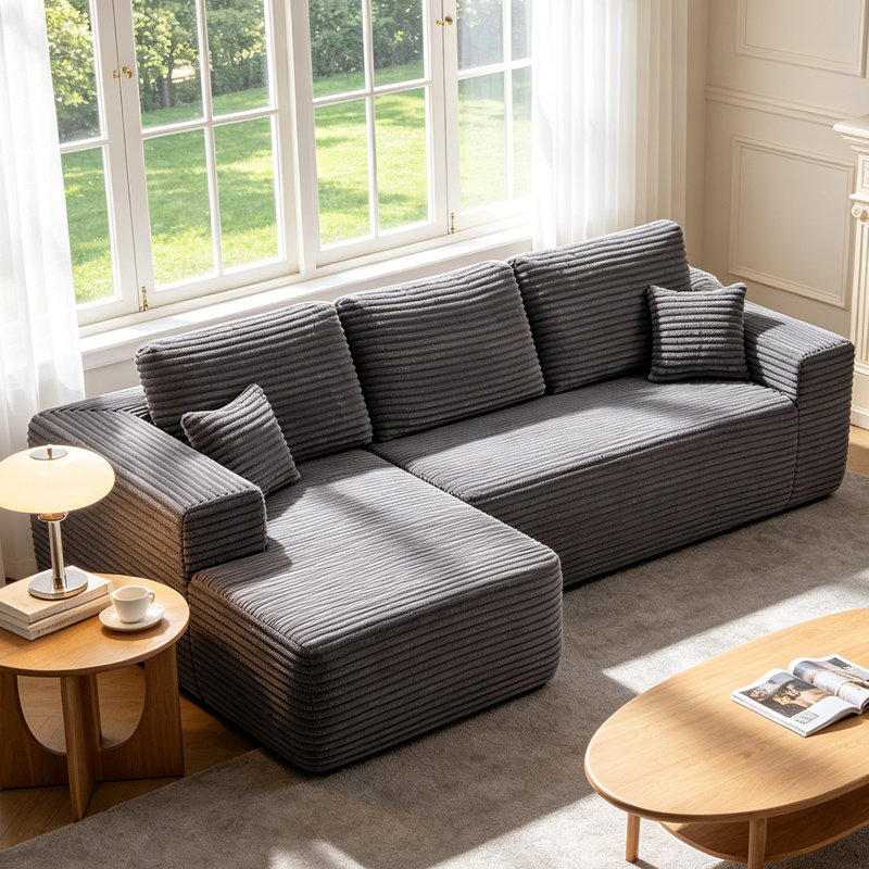 Boneless Corduroy L-Shape Modular Sectional Couch with Chaise - Soft Upholstered, Roomy Deep Seat, No Assembly Required, Timeless Stylish Furniture for Living Room Bedroom Apartment Home Office