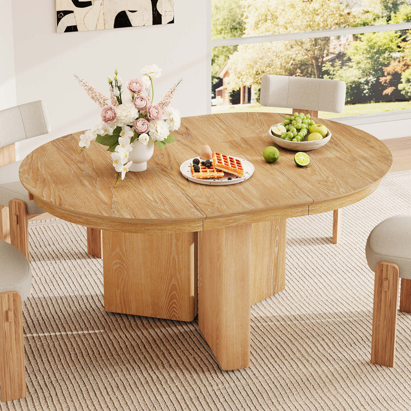 Table de salle à manger ovale extensible de style ferme moderne avec pied central, Natural