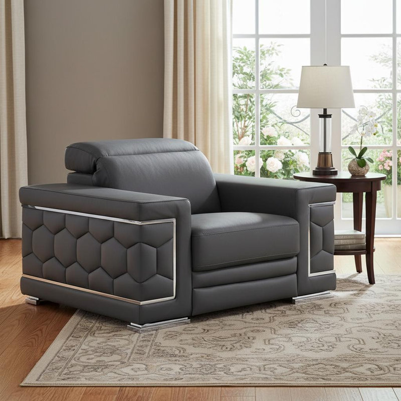 Fauteuil club 47 po en cuir véritable gris granite et argent