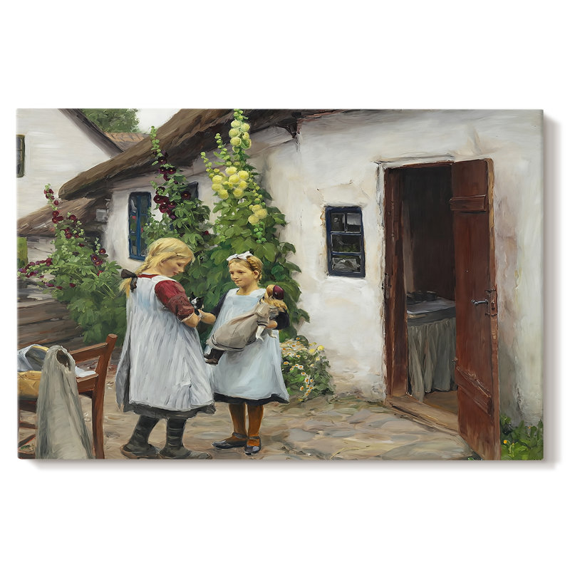 Deux filles jouant à l'extérieur d'une ferme-Hans Andersen Brendekilde-Gallery, toile tendue-c. Fin du 19e siècle / début du 20e siècle