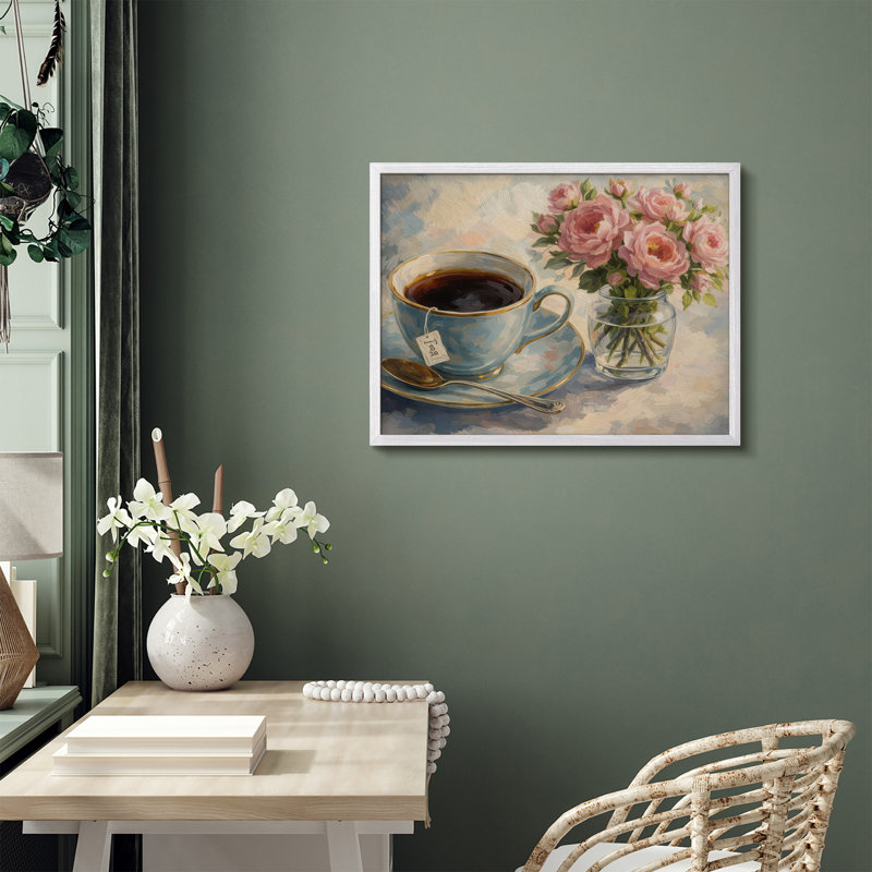 Tea and Roses Framed Wall Art Prints - Teacup with pink flowers for dining room, H 8 po x l 10 po, Blanc