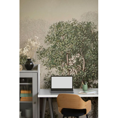 Green Tree Landscape Wall Mural | Vintage Leafy Forest Wallpaper | Non-Woven or Peel and Stick