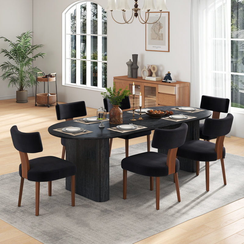 Modern Farmhouse Solid Wood Extendable Dining Table Set for 4-8 People, 7 Pieces: Table, 6 Chairs, Black, Black