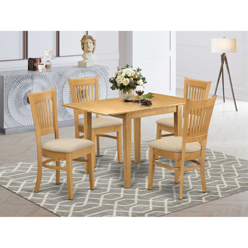 5 Piece Kitchen Table & Chairs Set Includes a Rectangle Dining Room Table with Dropleaf and 4 Linen Fabric Chairs, Oak, Oak