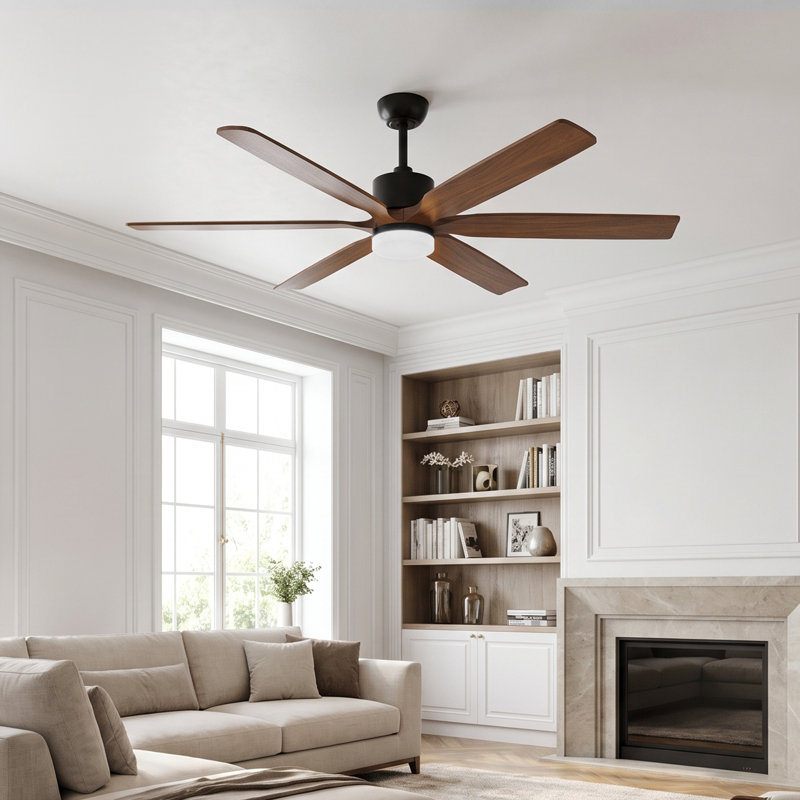 Ventilateur de plafond 60 po avec lumière, ventilateur de ferme 6 pales en bois massif, contrôle intelligent, moteur CC réversible silencieux, vent naturel, 3 tiges incluses