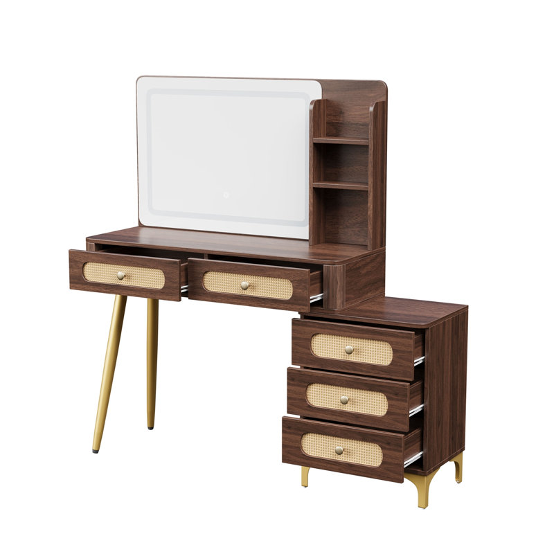 Miroir de maquillage avec coiffeuse, 5 tiroirs et tablette de rangement, Brown