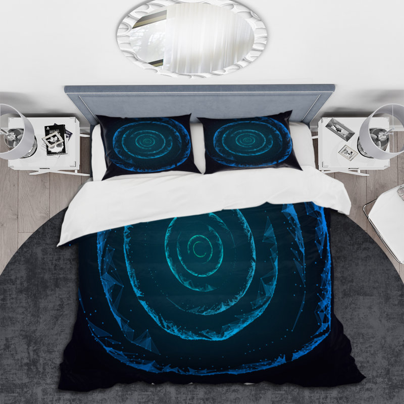 Spirale concentrique bleue sur fond noir - ensemble de housse de couette moderne - microfibre de polyester