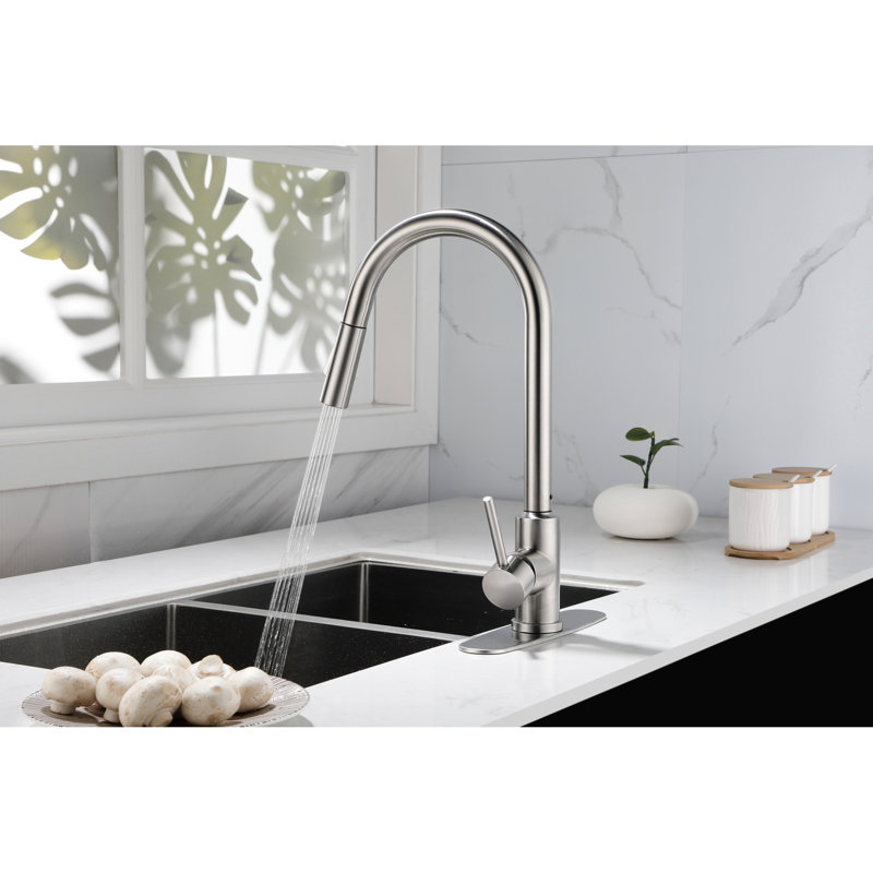 Robinet de cuisine rétractable - nickel brossé, fabrication en acier inoxydable, buse rotative à 360 ° pour une utilisation sans effort de l'eau, poignée simple pour contrôler la température et le débit, finition rouille en acier nickelé, polyvalente