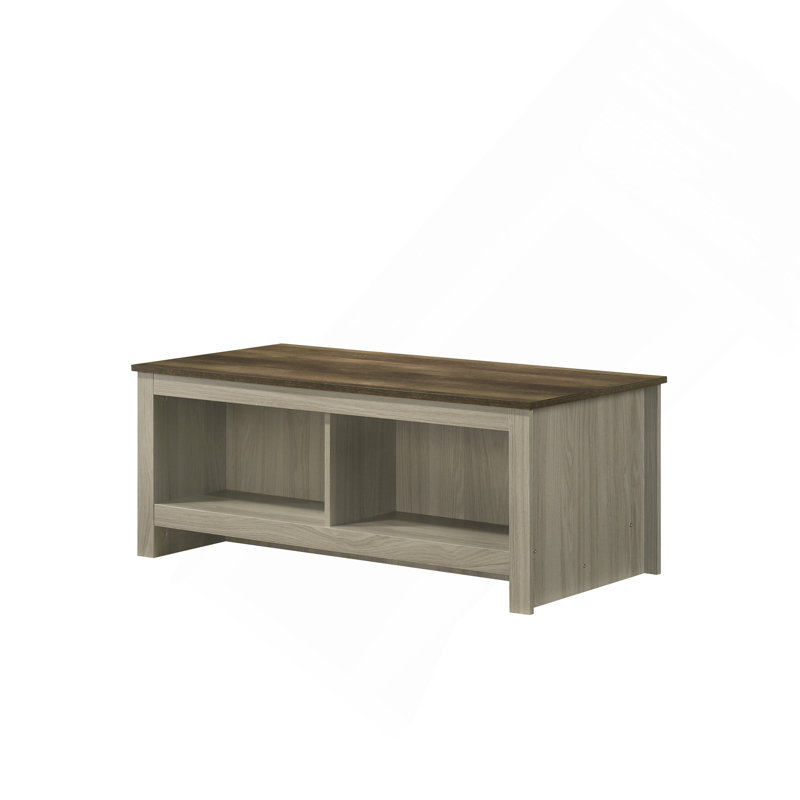 Table basse en chêne gris l 43 po avec tablettes ouvertes à l'avant et à l'arrière.
