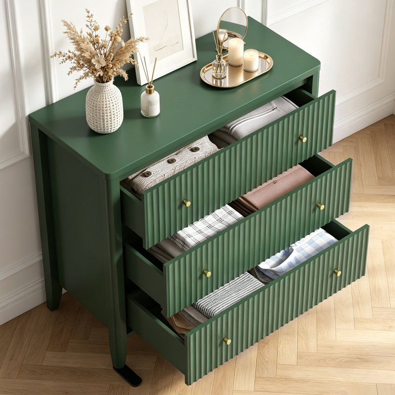 Almonte 3 Drawer 34" W Fluted Wood Dresser with Knobs，Green, Green, 3