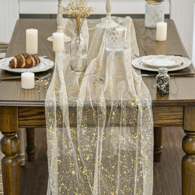 Chemin de table en gaze beige doré et chemin de table transparent 120 po avec détails en feuille métallique