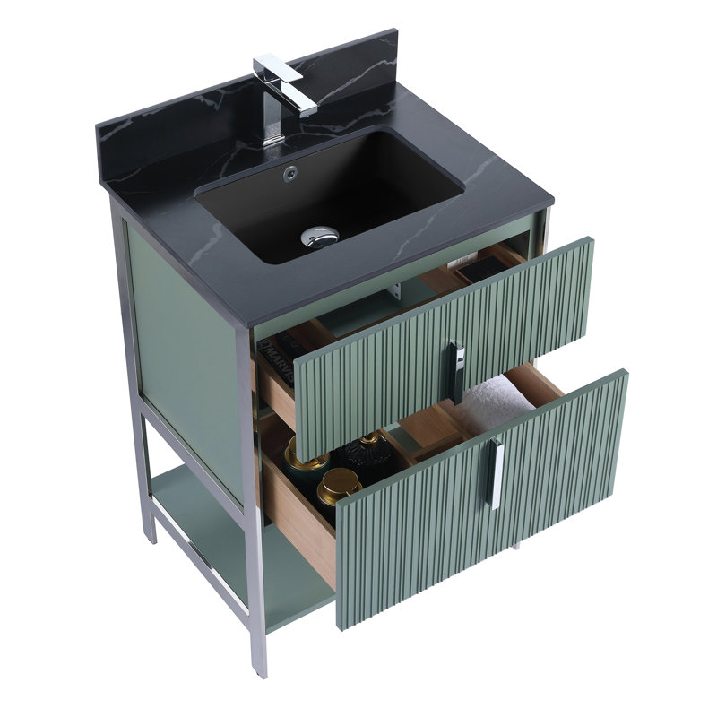 Meuble-lavabo moderne avec plateau en pierre Serenity, Vert menthe / chrome, 24", Pierre d'ingénierie noire