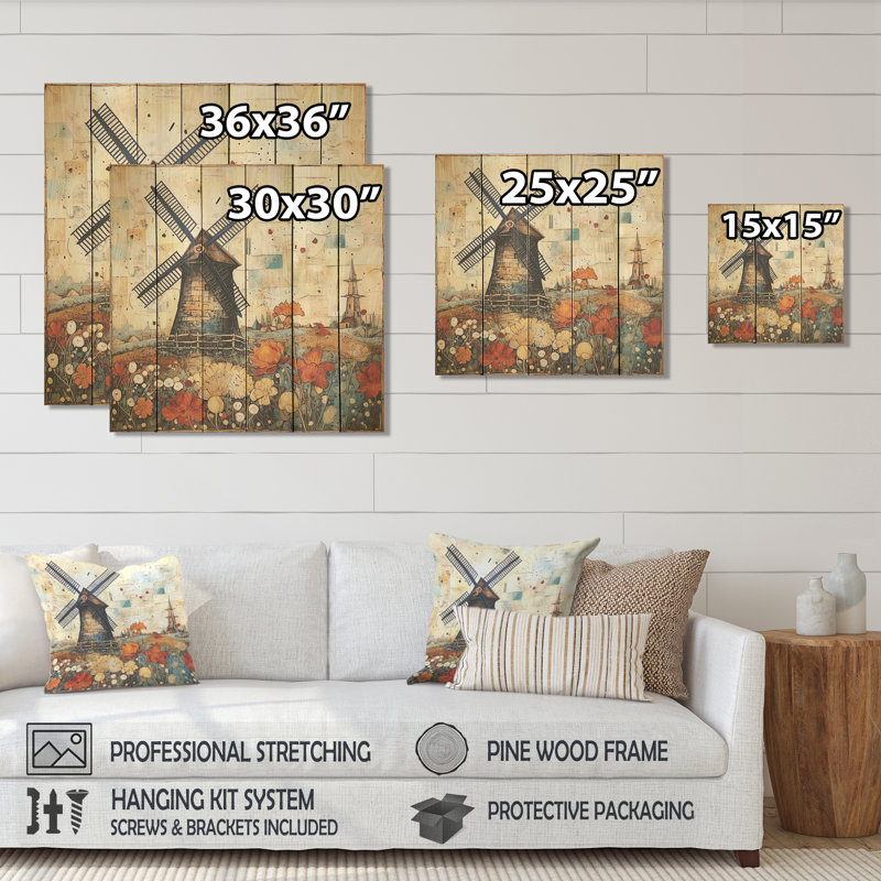 «Vintage Countryside Windmillscape II - Éoliennes sur bois», H 15 po x l 15 po