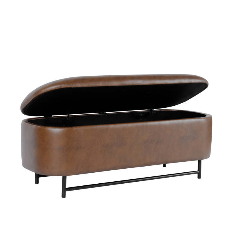 Brown Faux Leather Ellipse Storage Bench with Metal Legs
