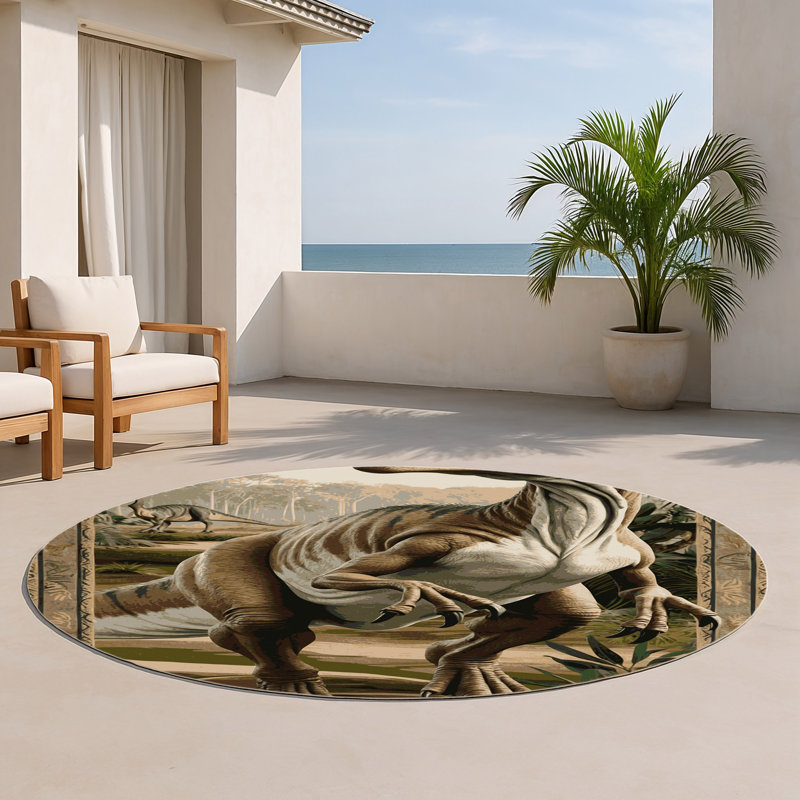 Tapis brun intérieur et extérieur Dinosaurs, Rond 5 pi