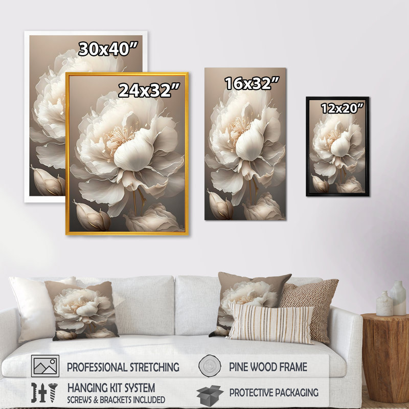 Peony Flower VI - Print on Canvas, 40" H x 30" W, Brown Floater Framed