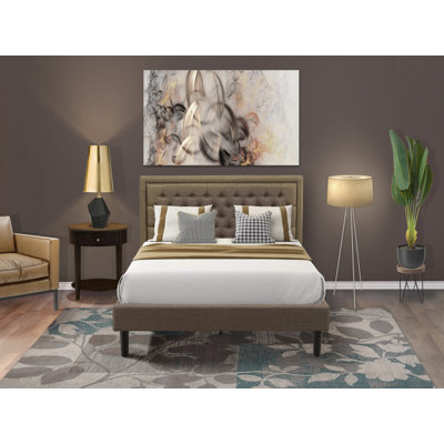 2 Piece Queen Size Bed Set - 1 Queen Bed Frame Brown Linen Fabric Padded and Button Tufted Headboard with 1 Night Stands - Antique Mahogany Finish Nightstand