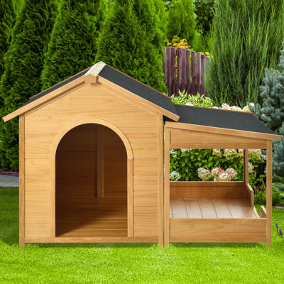 Grande niche pour chien en bois de 60,2 po avec porche, niche de style chalet avec toit en asphalte, plancher surélevé et fenêtre latérale, pour chiens de taille moyenne et grande