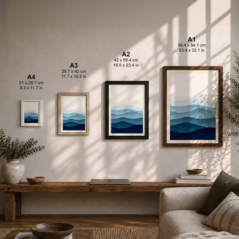 Layered Horizons Minimalist - Framed Print, A4 - 29.7 x 21.0 cm, Walnut