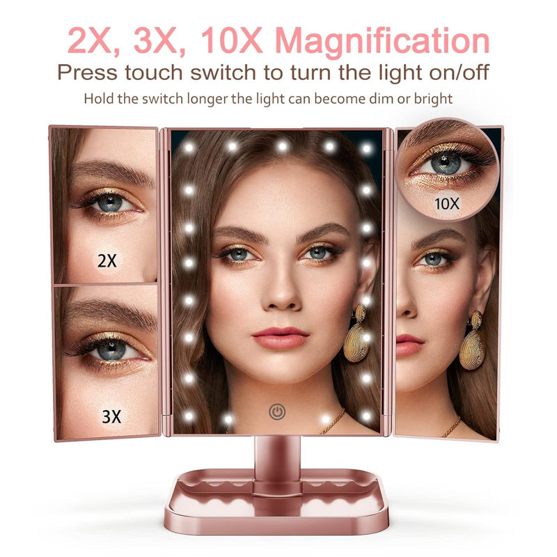 Rose Gold Lighted Trifold Vanity Makeup Mirror 2x/3x/10x Magnification