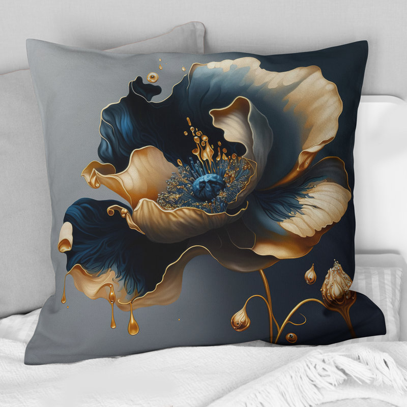 Coussin à imprimé floral bleu foncé et doré II, H 18 po x l 18 po