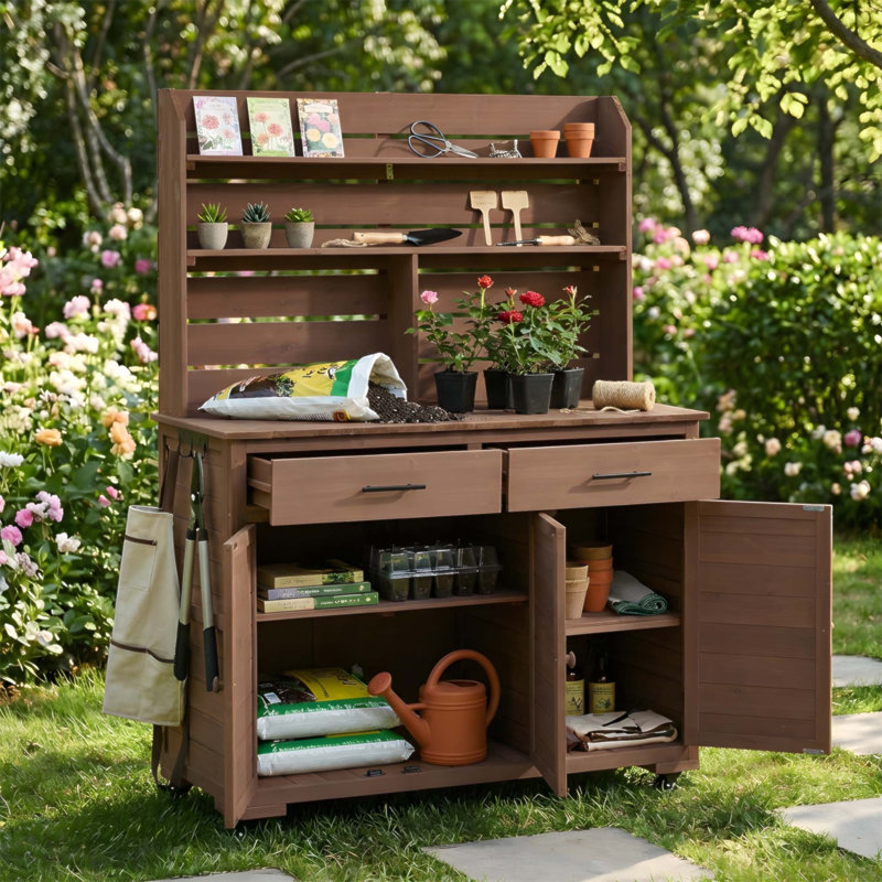 Grand banc de rempotage de jardin 65 po H avec roues verrouillables et rangement, chariot de préparation pour îlot de cuisine extérieur multifonctionnel