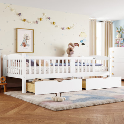 Wood kids Platform Bed Frame With Full-length Guardrails & Storage Drawers,twin Xl Low Platform Bed With Cute Headboard, No Box Spring Needed,white