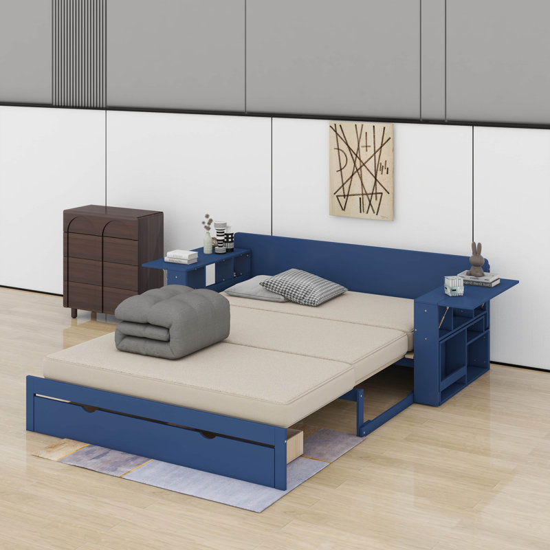 Grand lit de jour avec bureau, tiroirs et table, Bleu, Grand lit