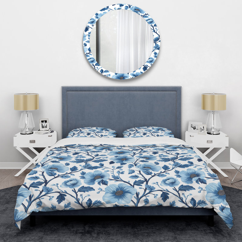 Ensemble de housse de couette transitionnel Blue Silver Floral Gardens I, Housse de couette simple et deux taies décorative