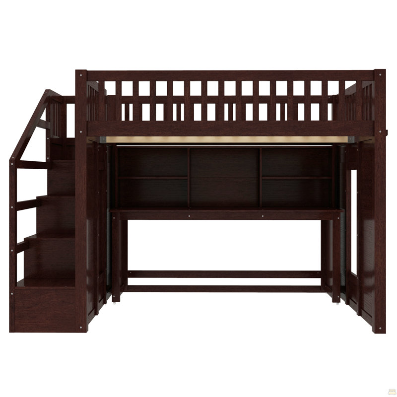 Full Size Loft Bed With Movable Desk And Storage Shelf, Full, Espresso