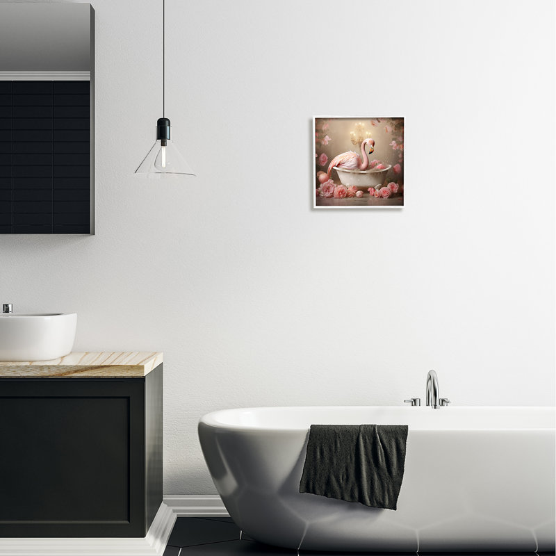 Flamant rose dans une baignoire remplie de rose, impression sur bois, Estampe numérique encadrée blanc bord de mer