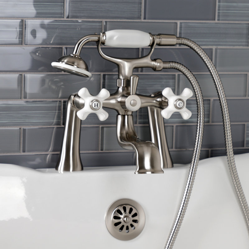Kingston Brass Kingston Three-Handle 2-Hole Deck Mount Clawfoot Tub Faucet with Hand Shower, Brushed Nickel