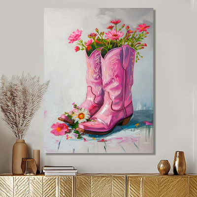 Pink Flowers Cowgirl Boots - Cowgirls Wall Art Living Room