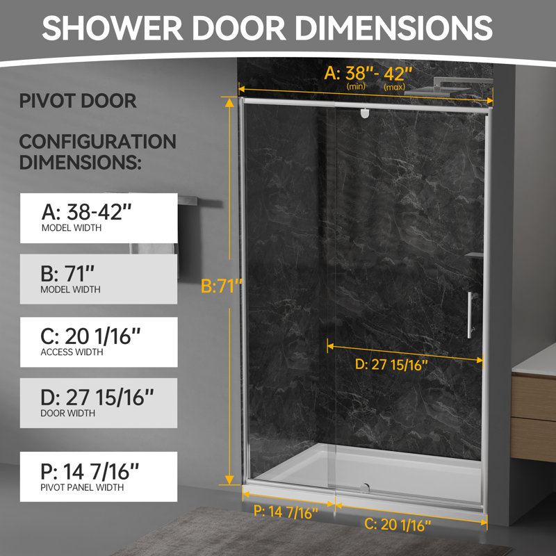 Porte de douche à pivot demi-cadre 38-42 po x H 71 po avec verre trempé 1/4 po (6 mm), Nickel brossé
