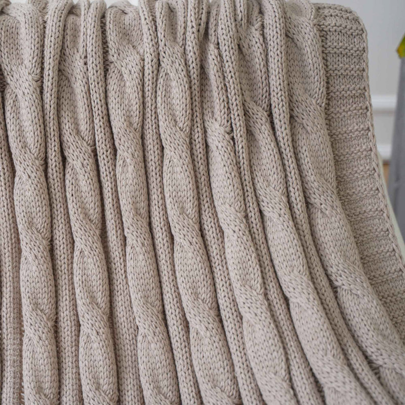 Khaki Cable Knit Acrylic Throw Blanket, 50" x 60"