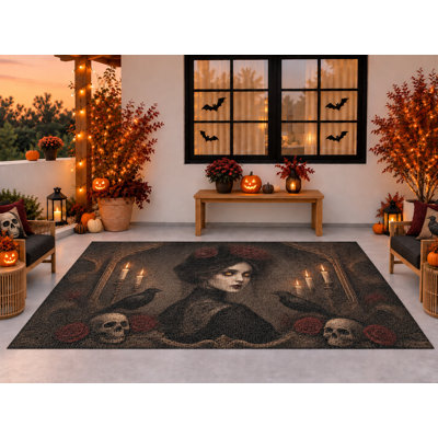 Tapis d'extérieur 152 x 213 cm, motif gothique femme, crânes et corbeaux (Halloween), tapis bouclé imperméable en PVC, séchage rapide et résistant, idéal pour porche, terrasse, balcon ou entrée.