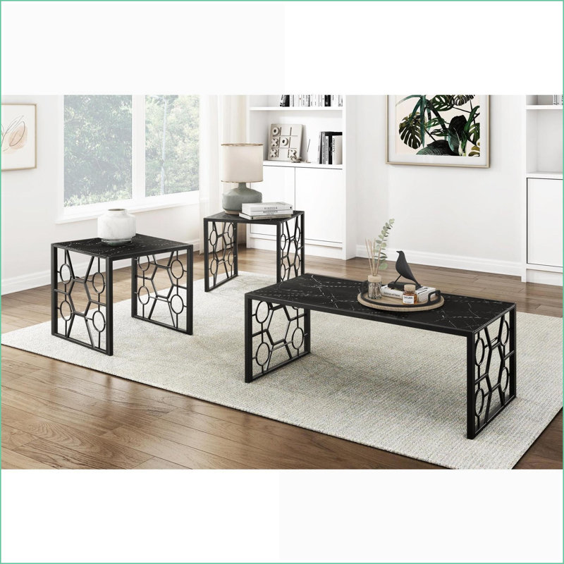 Ensemble de 3 tables basses de salon: plateau en verre trempé à imprimé marbre avec base en métal noir, facile à nettoyer