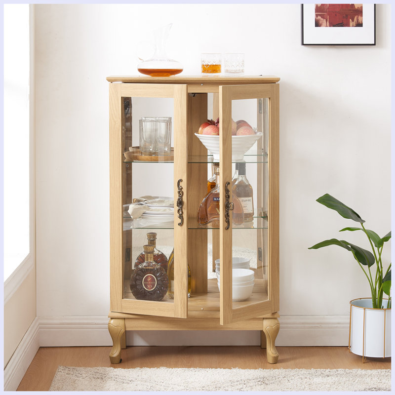 2 Doors Curio Cabinet with Tempered Glass Doors, Oak