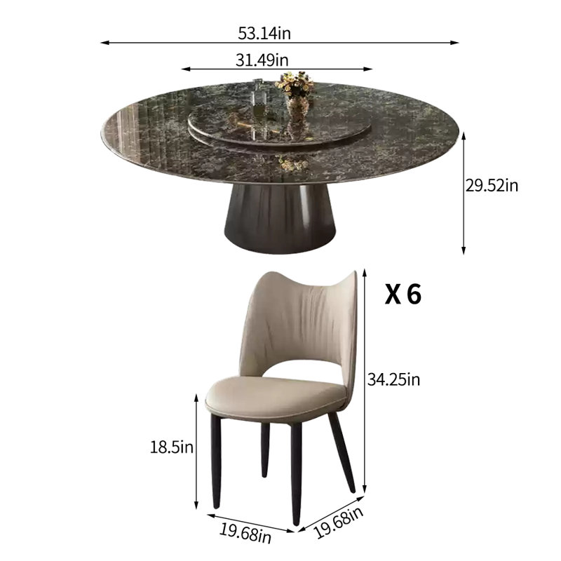 Ensemble de table de salle à manger Simple Natural, H 29,52 po x L 53,14 po x l 53,14 po, 7 Pieces: Table, 6 Chairs