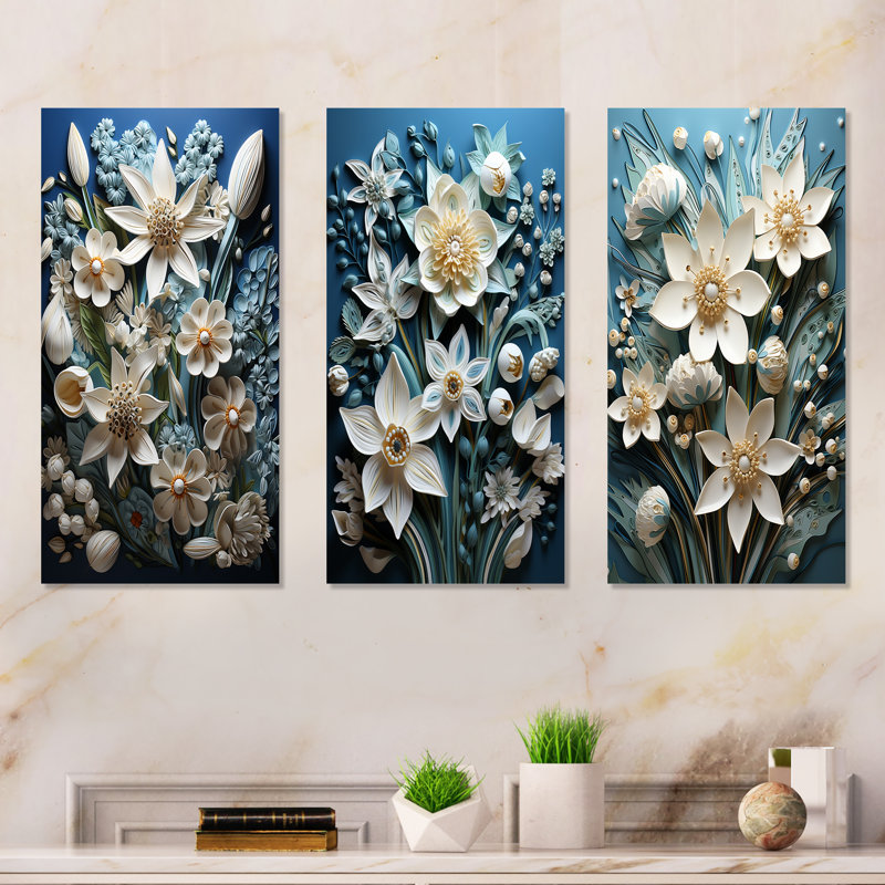 Snodrops, fleur de lait de la neige - ensemble abstrait d'art mural en métal floral de 3, H 28 po x l 36 po