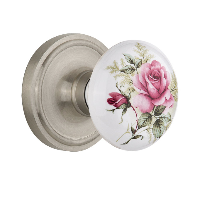 Rosette classique avec bouton de porte en porcelaine blanche, Nickel satiné, 2-3/4"