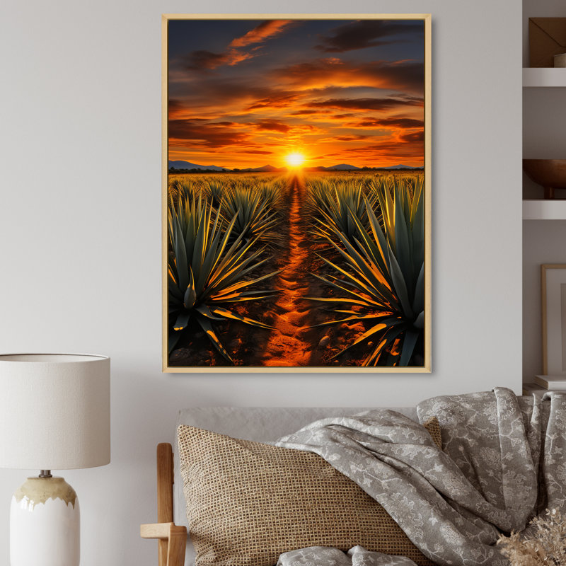 «Arabella Orange Green», art mexicain, tequila lever de soleil sur toile, H 44 po x l 34 po x P 1,5 po, Cadre flottant érable