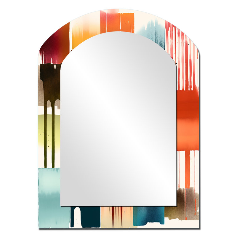 Orange And Blue Artistic Expressions I - Geometric Arch Wall Mirror, Orange Asymmetrical Decorative Mirror, Printed Metal Art