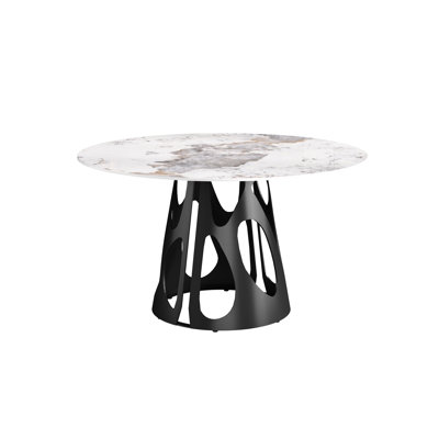 53" Round Sintered Stone Kitchen Table, White With Black Iron Base, To Impact Table For 6, Food Stains