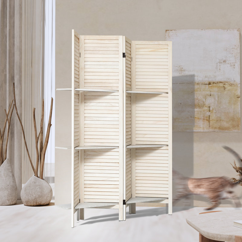Cloison 4 panneaux avec tablettes - Solution d'intimité et de rangement, Blanc chaud
