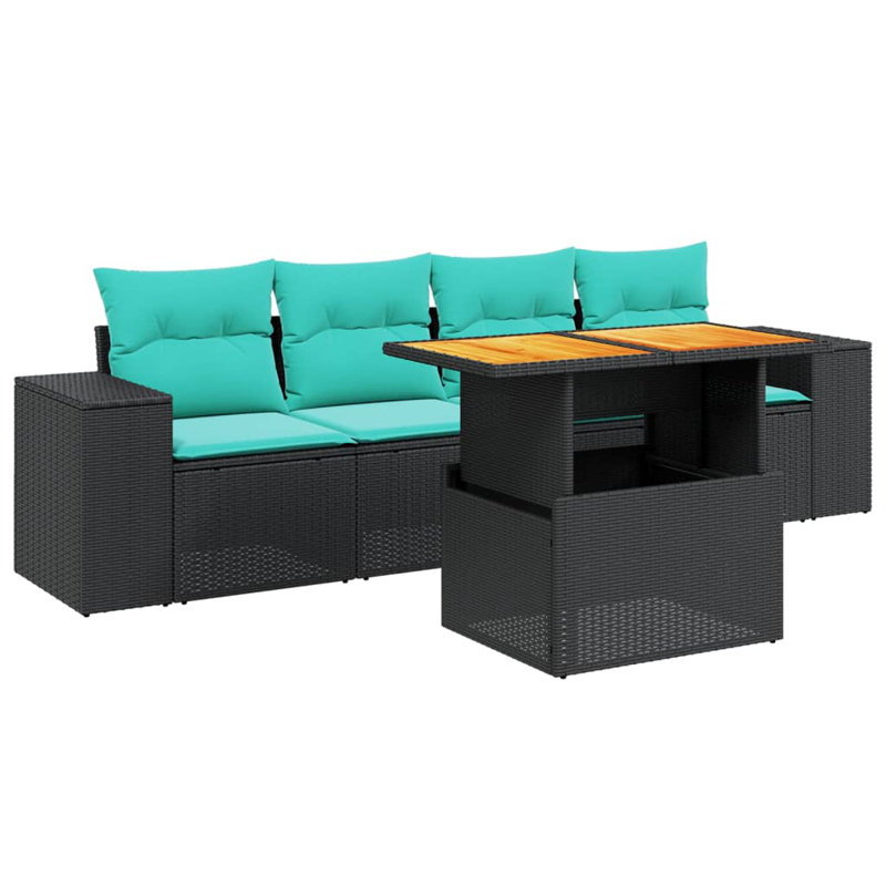  Ensemble de canapé de patio 5 pièces avec coussins en rotin de polyester, Noir, Vert