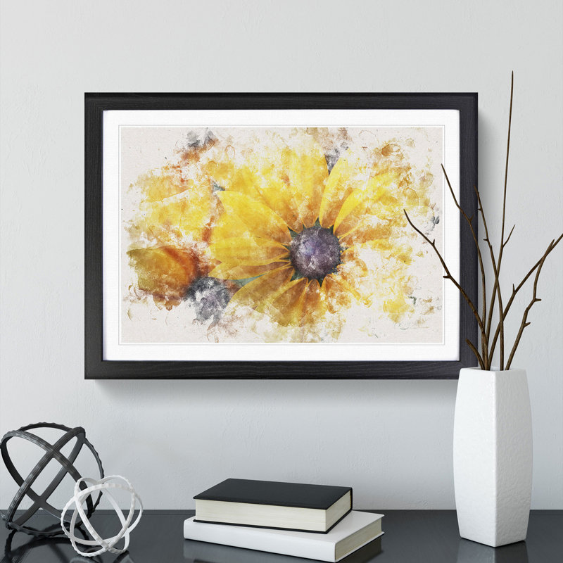 Yellow Coneflowers Watercolour - Framed Print, 45cm H x 63cm W x 2cm D, Black