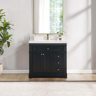 Bellville X P 22 po P 35 po Meuble-lavabo autoportant H noir royal avec plateau en quartz Calacatta