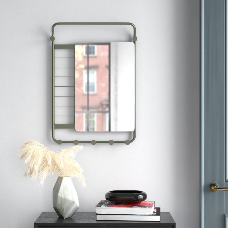Furness Metal Flat Wall Mirror with Hooks, Green