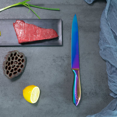 WELLSTAR Slicing Knife 8 Inch, Razor Sharp German Steel Blade And Comfortable Finger Guard Handle With Rainbow Titanium Coating